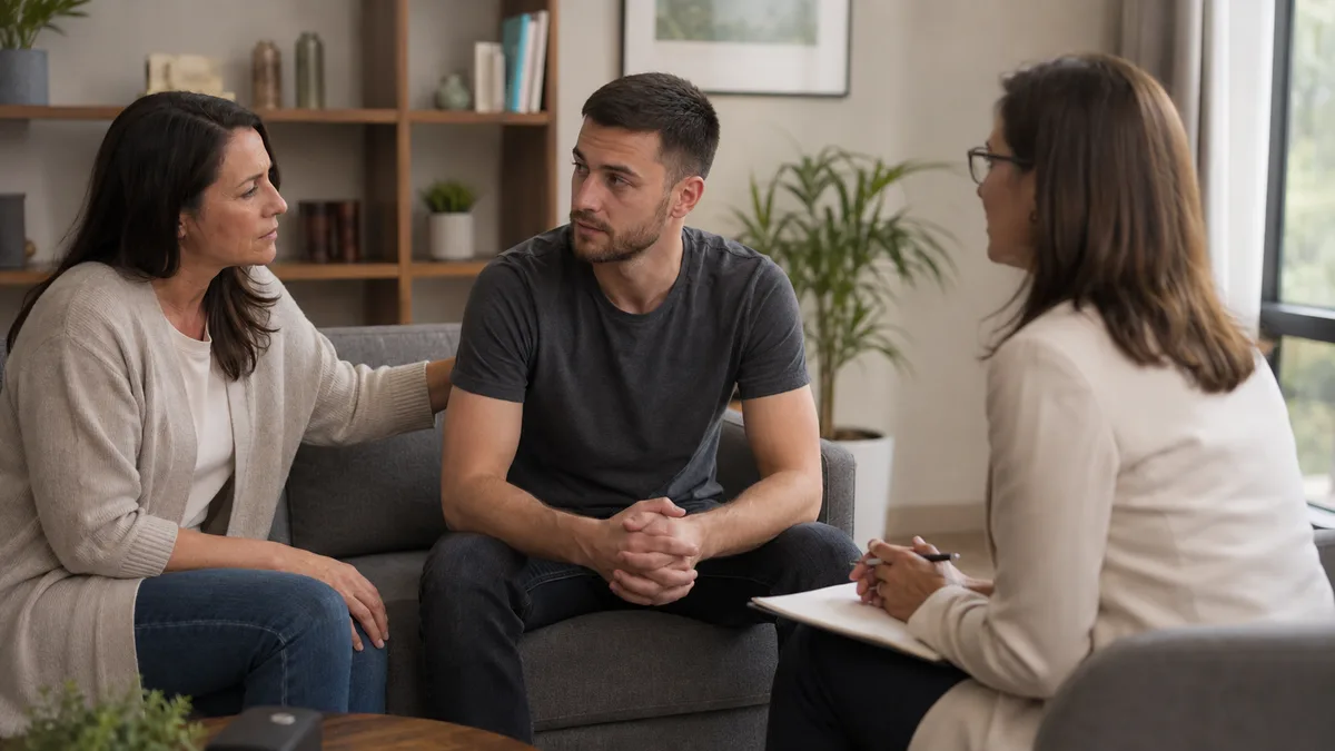 A counselor and a client sitting across from each other in a quiet office.