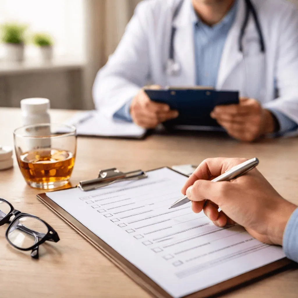 Person completing an alcohol assessment test during a medical screening to evaluate alcohol use disorder and withdrawal risk.