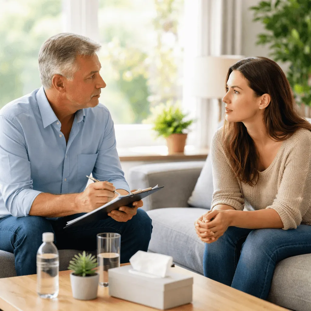 A healthcare professional conducting an alcohol assessment test with an adult patient during a calm detox consultation focused on withdrawal symptoms and treatment planning.