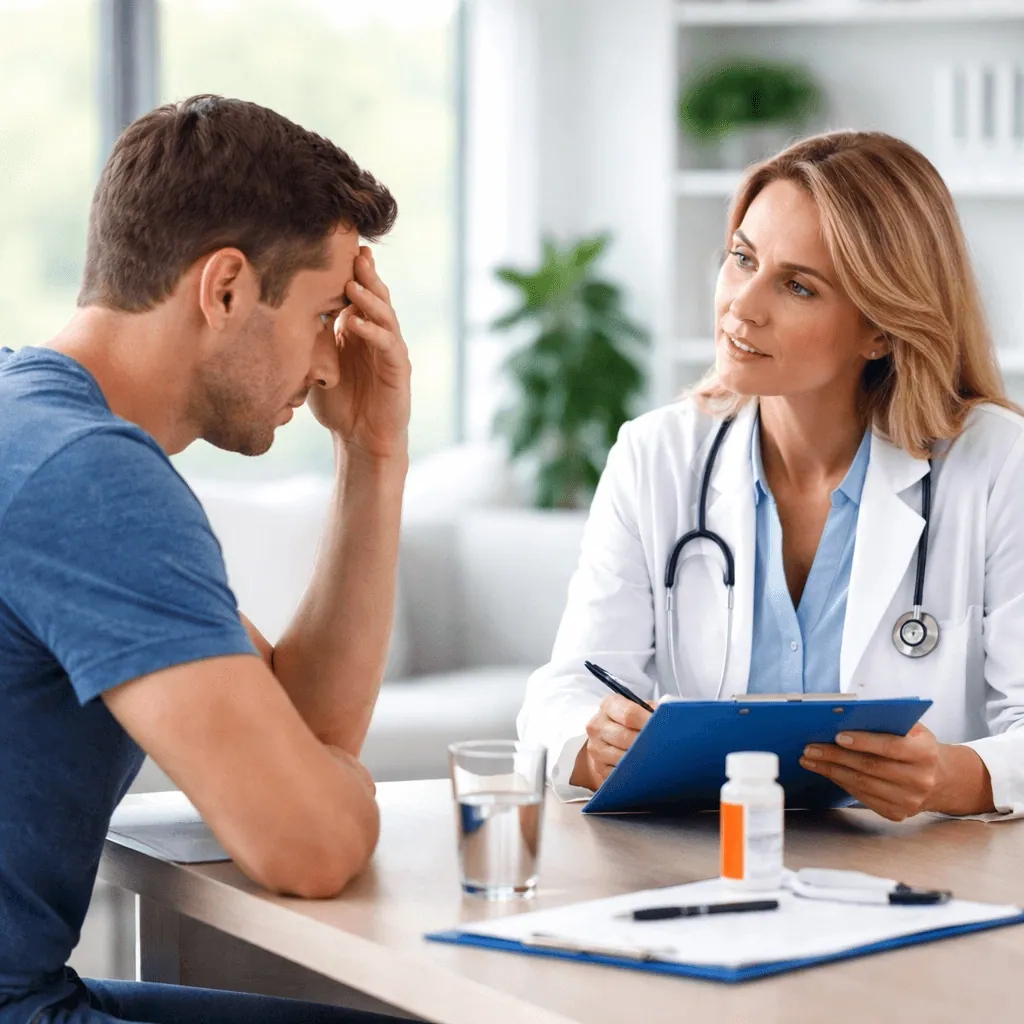 Patient discussing concussion symptoms and alcohol use with a medical professional during a clinical consultation