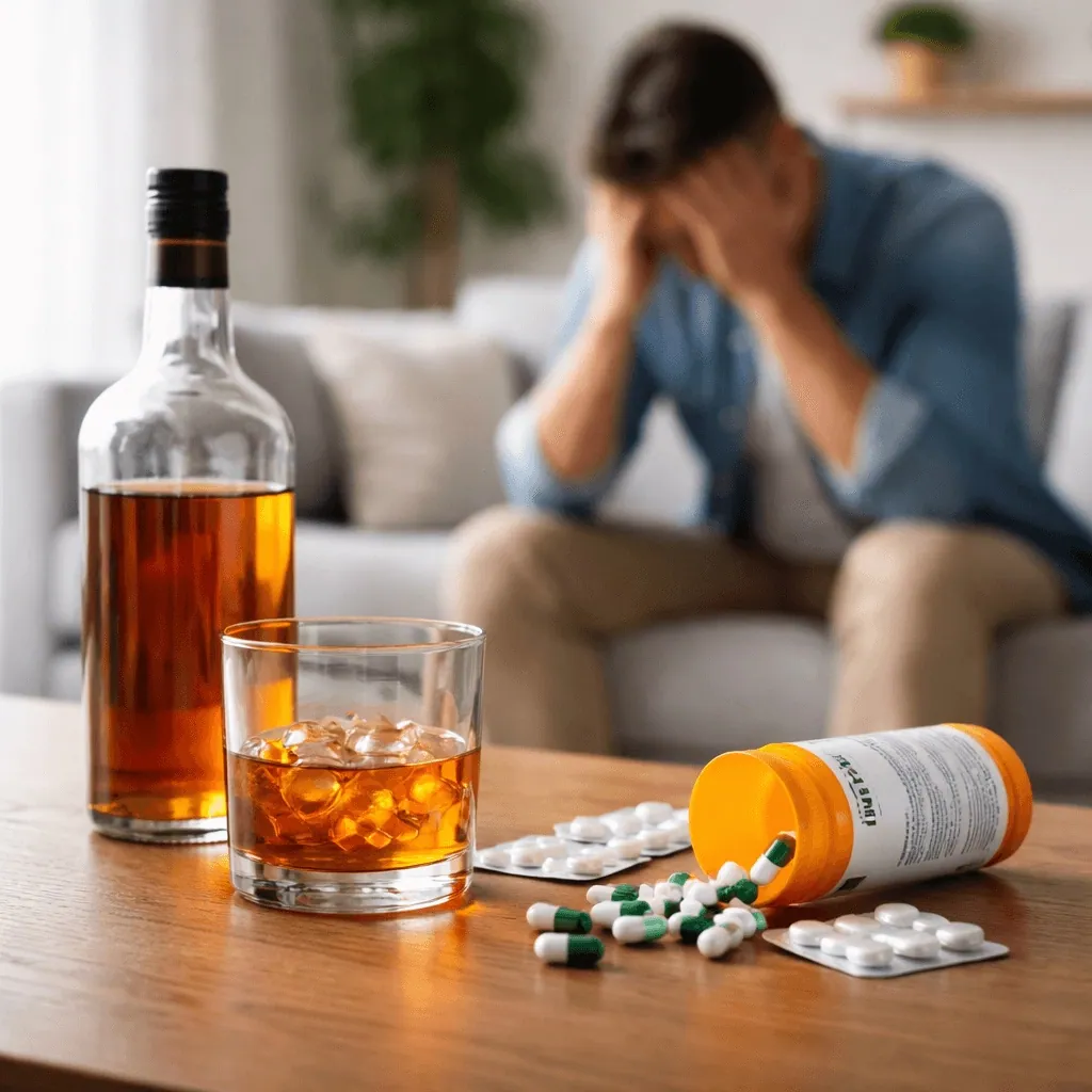 Alcohol and Prozac interaction shown by whiskey glass and antidepressant pills on table with distressed man in background, highlighting risks of drinking on Prozac.