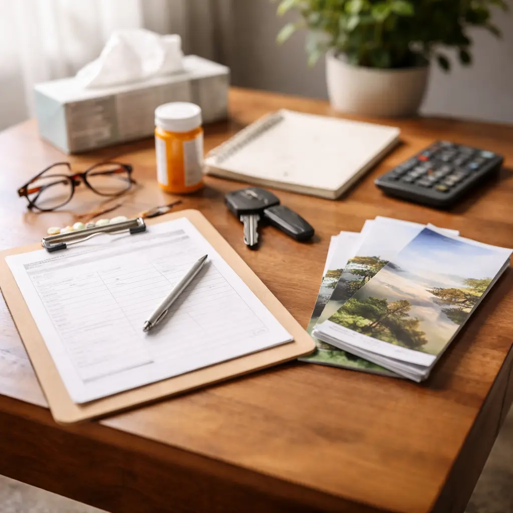 Addiction recovery planning materials on a desk, including intake paperwork and resources related to helping an addict during active addiction